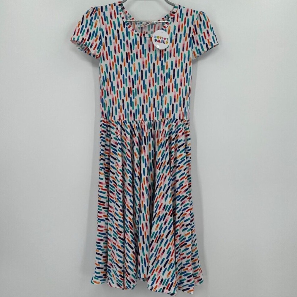 Dot Dot Smile Girl's Cap Sleeve Dress sz 7 Short Sleeve White/Colorful Dashes
